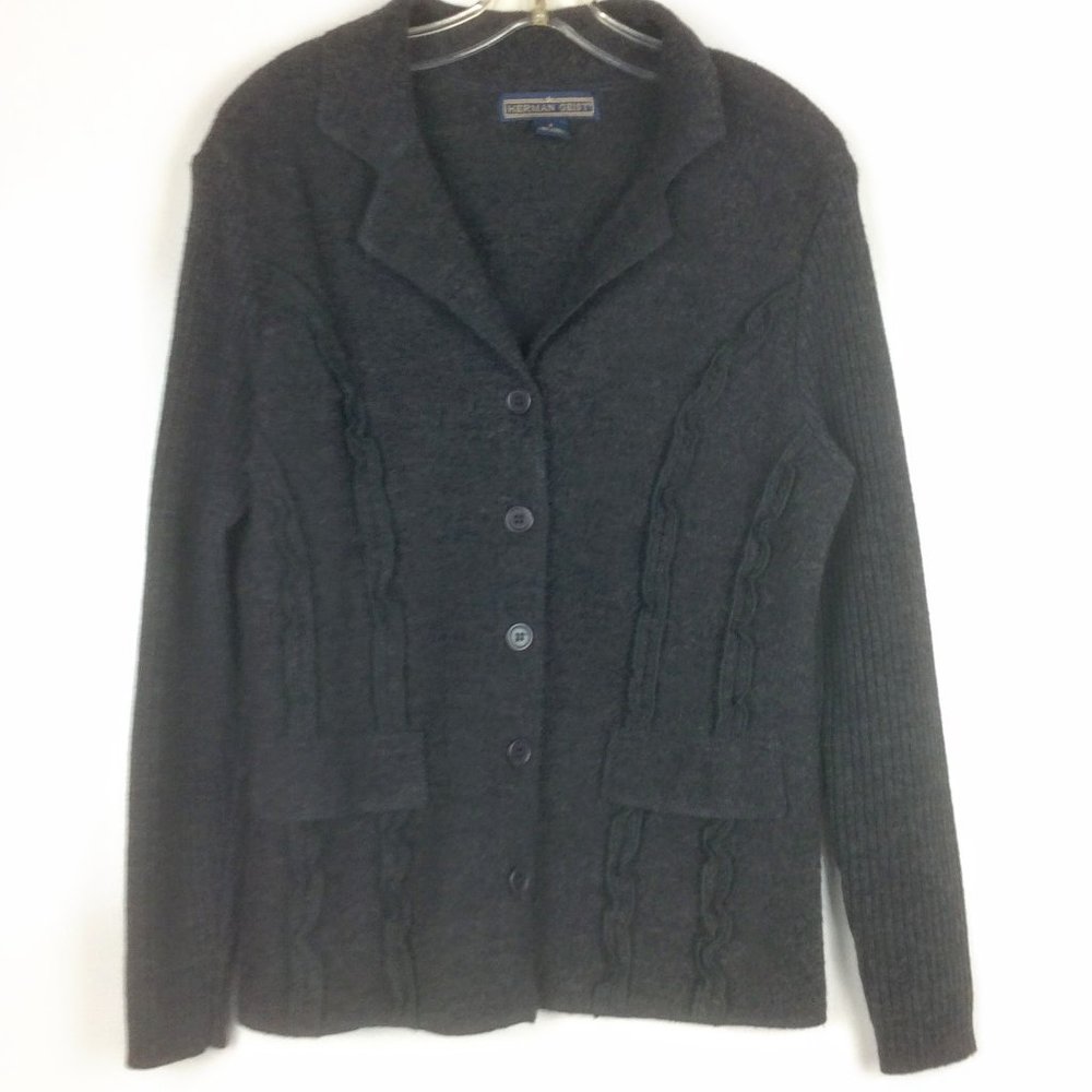 Herman Geist Charcoal Grey Wool Ruffled Feminine Cardigan Sweater Size Small